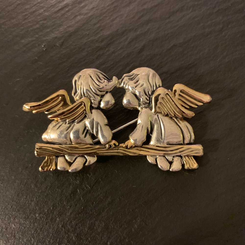 MJ Vintage Silver & Gold Tone Kissing Angles Brooch Pendant